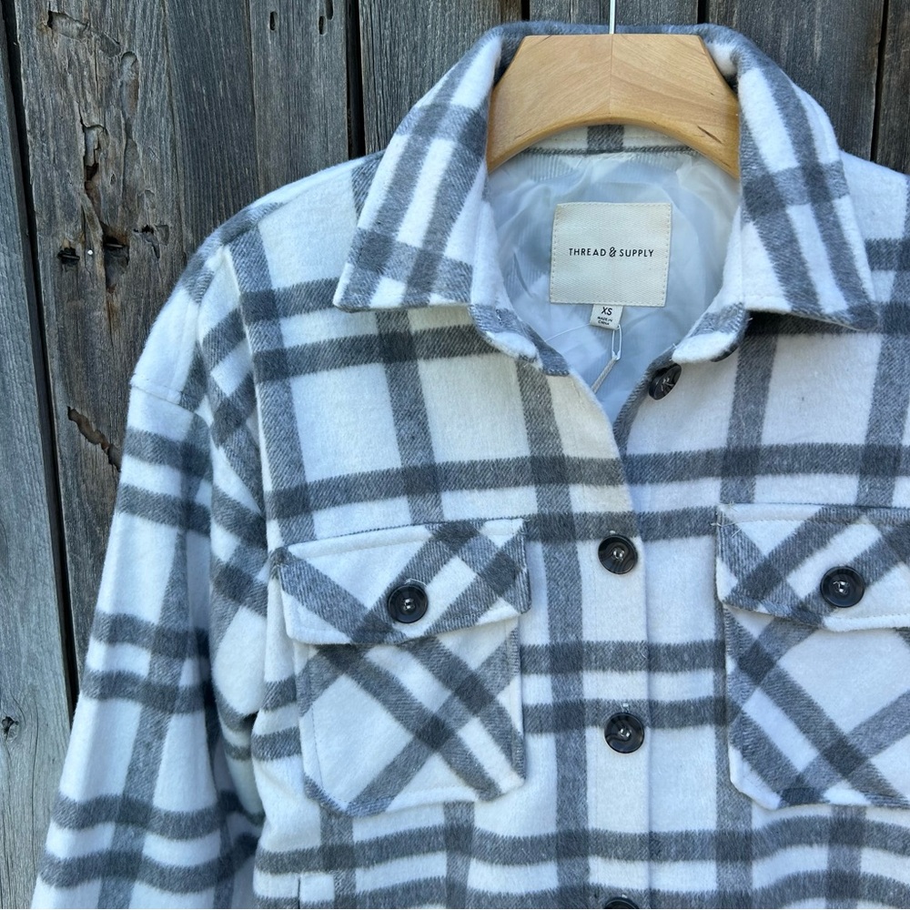 NWT Thread & Supply Plaid Shirt Jacket Grey White XS - Picture 3 of 16